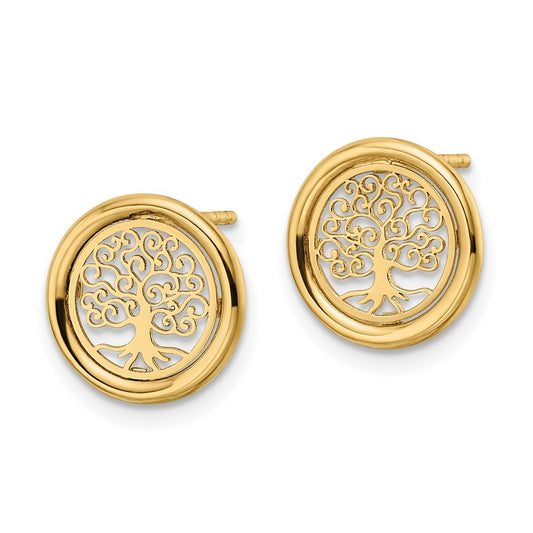 14K Yellow Gold Polished Tree of Life in Circle Post Earrings