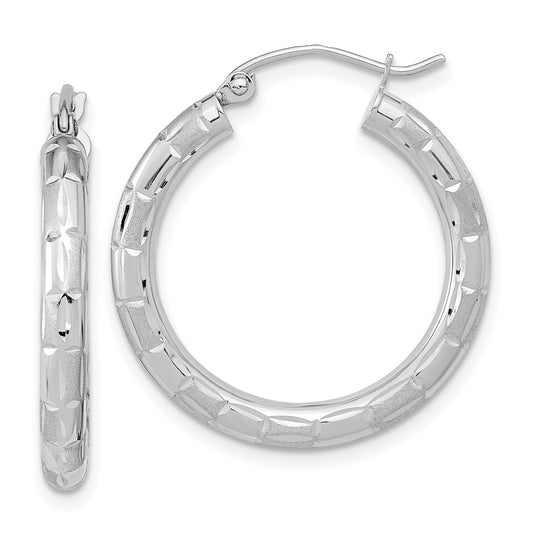 14K White Gold Polished Satin and Diamond-cut Hoop Earrings