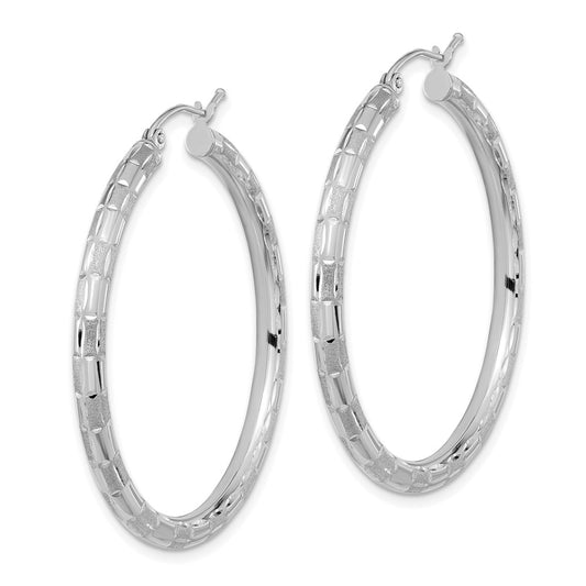 14K White Gold Polished Satin and Diamond-cut Hoop Earrings