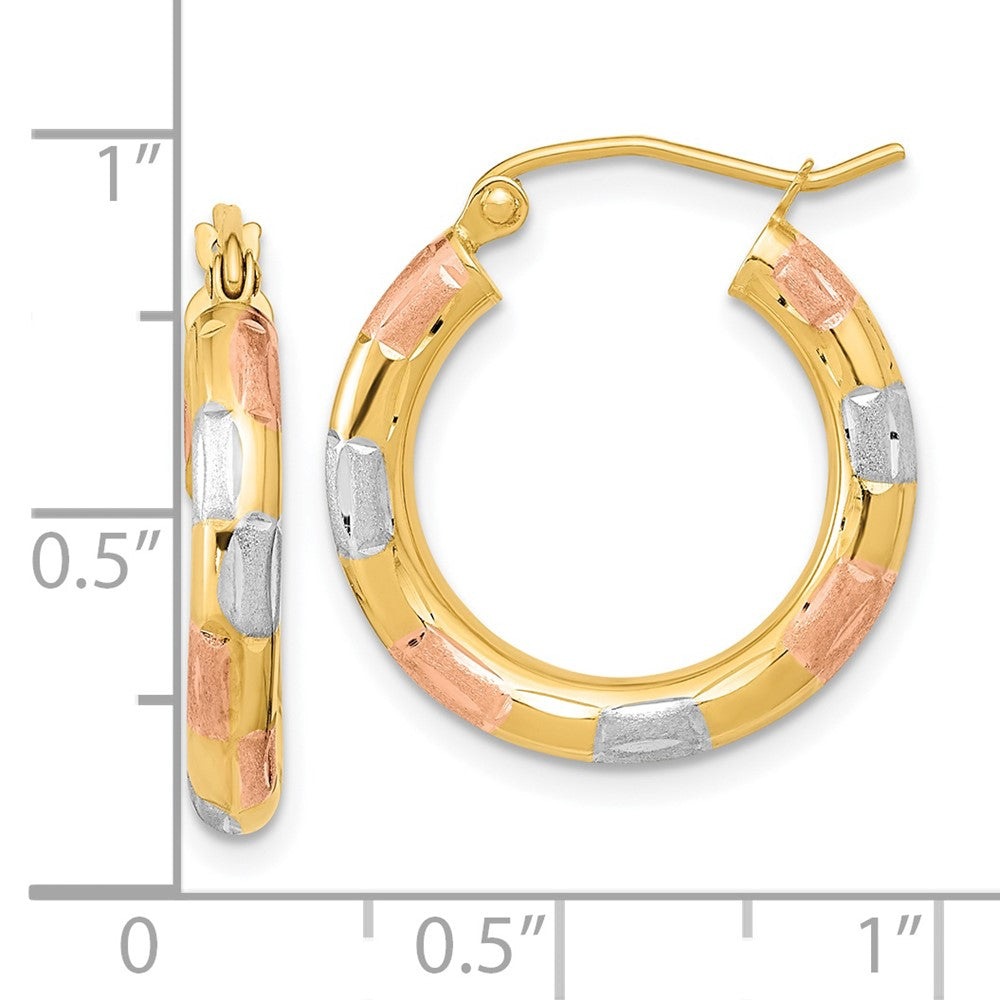 14K Tri-Color Gold Polished Satin Diamond-cut Hoop Earrings