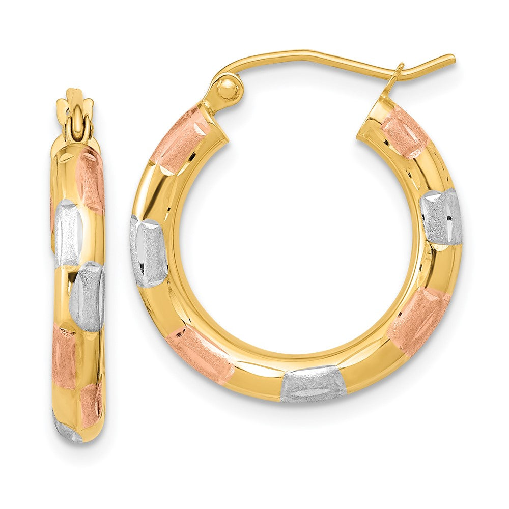 14K Tri-Color Gold Polished Satin Diamond-cut Hoop Earrings