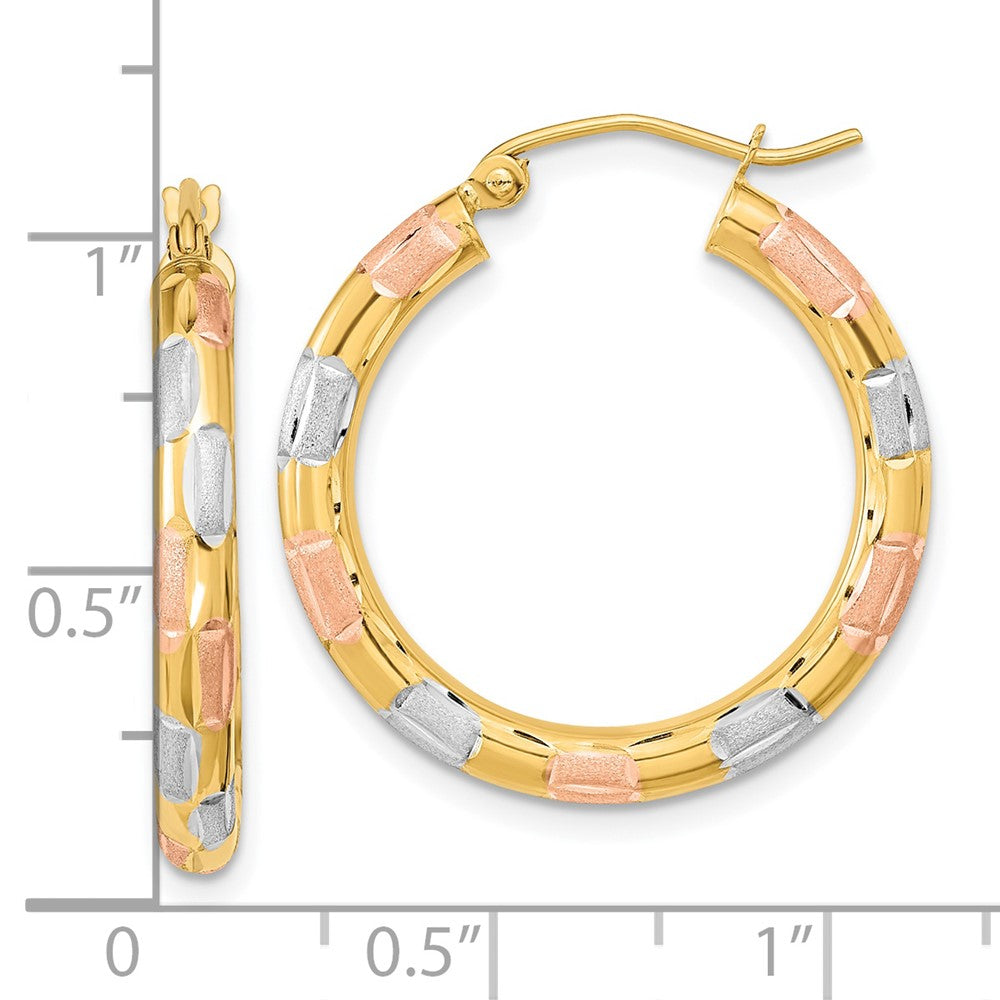 14K Tri-Color Gold Polished Satin Diamond-cut Hoop Earrings