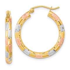 14K Tri-Color Gold Polished Satin Diamond-cut Hoop Earrings