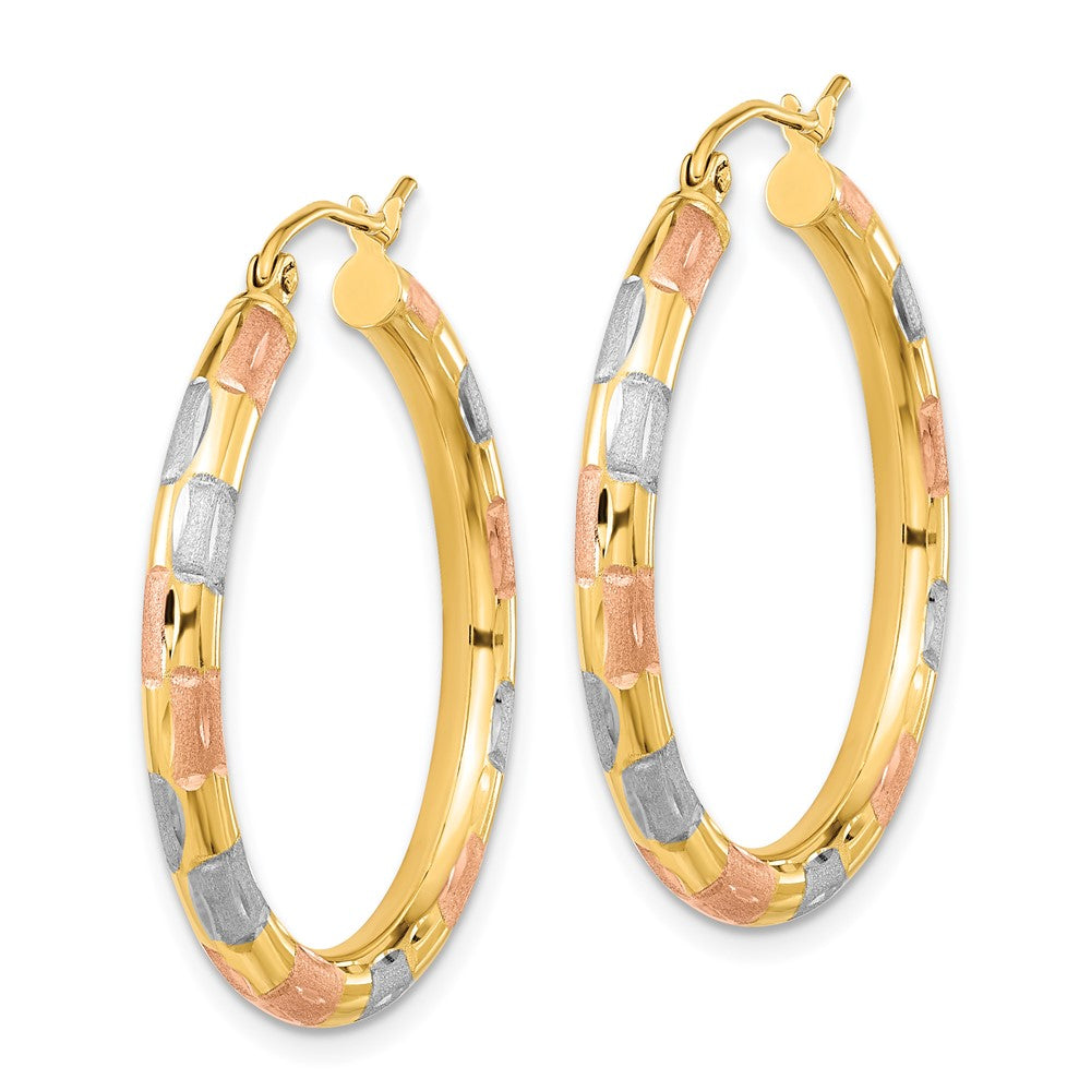 14K Tri-Color Gold Polished Satin Diamond-cut Hoop Earrings