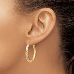 14K Tri-Color Gold Polished Satin Diamond-cut Hoop Earrings