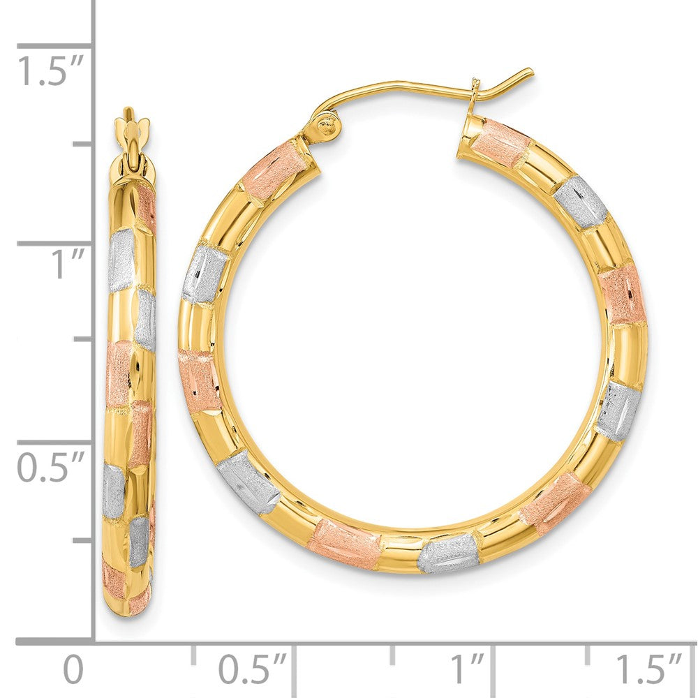 14K Tri-Color Gold Polished Satin Diamond-cut Hoop Earrings