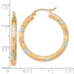 14K Tri-Color Gold Polished Satin Diamond-cut Hoop Earrings