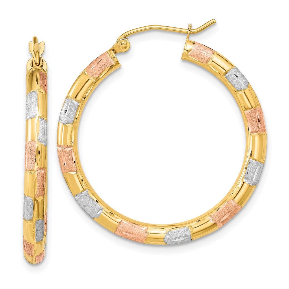 14K Tri-Color Gold Polished Satin Diamond-cut Hoop Earrings