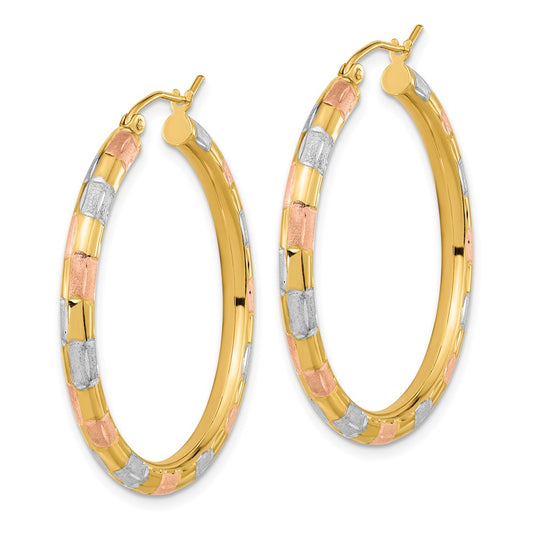 14K Tri-Color Gold Polished Satin Diamond-cut Hoop Earrings