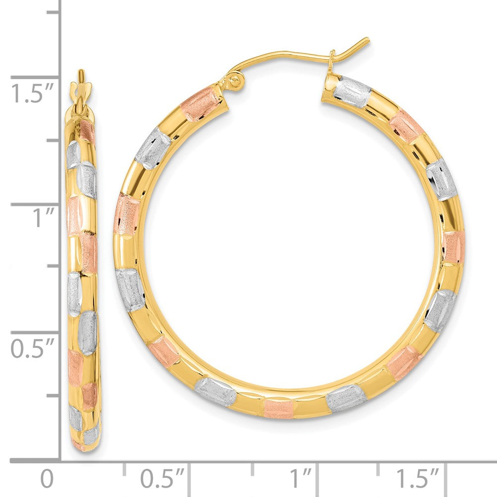 14K Tri-Color Gold Polished Satin Diamond-cut Hoop Earrings