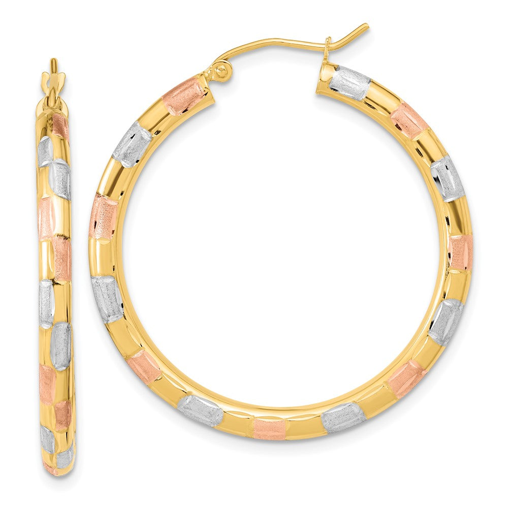 14K Tri-Color Gold Polished Satin Diamond-cut Hoop Earrings