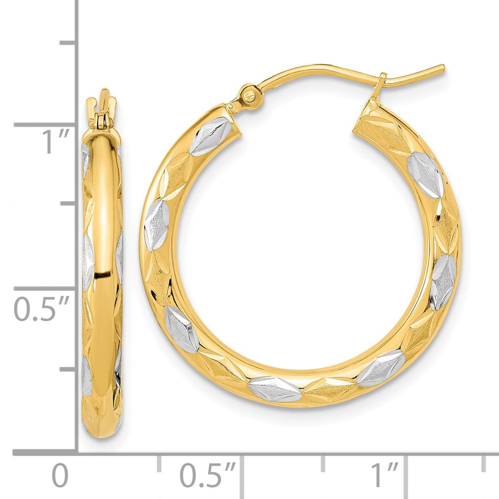 14K Two-Tone Gold Polished Satin and Diamond-cut Hoop Earrings