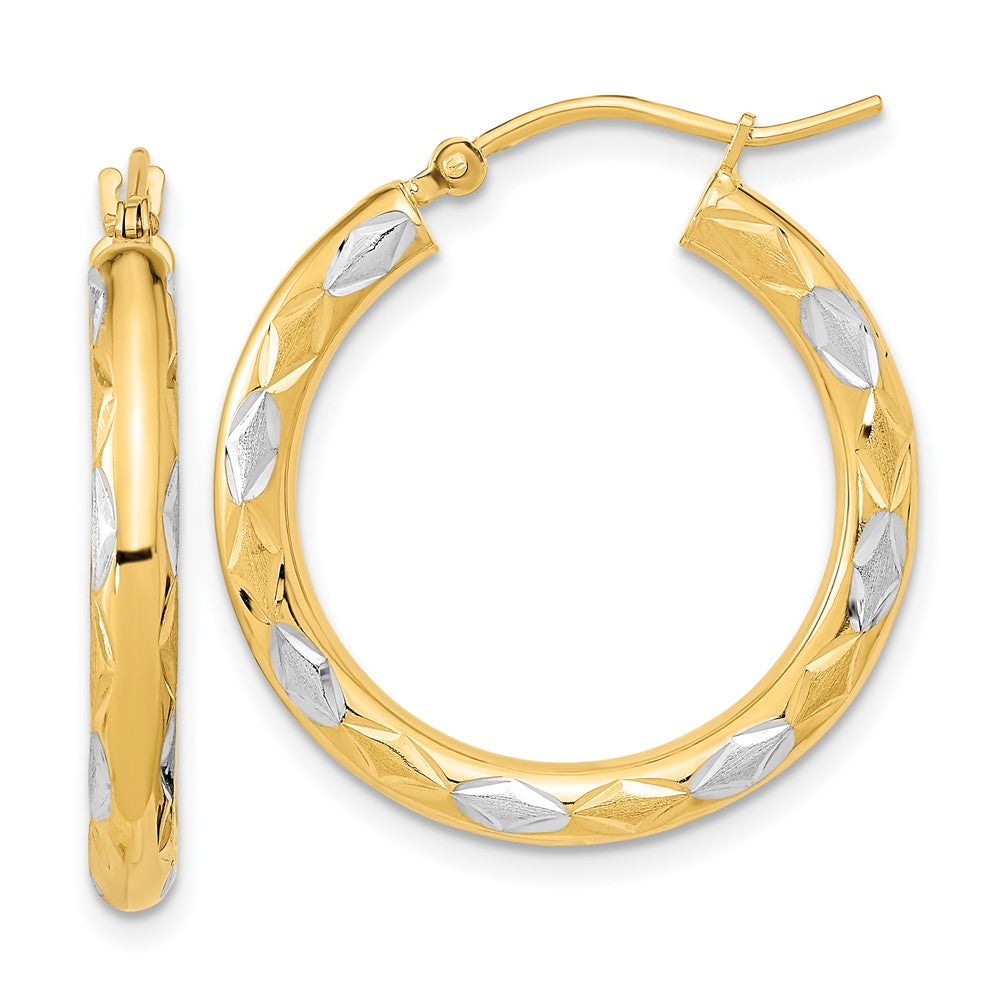 14K Two-Tone Gold Polished Satin and Diamond-cut Hoop Earrings