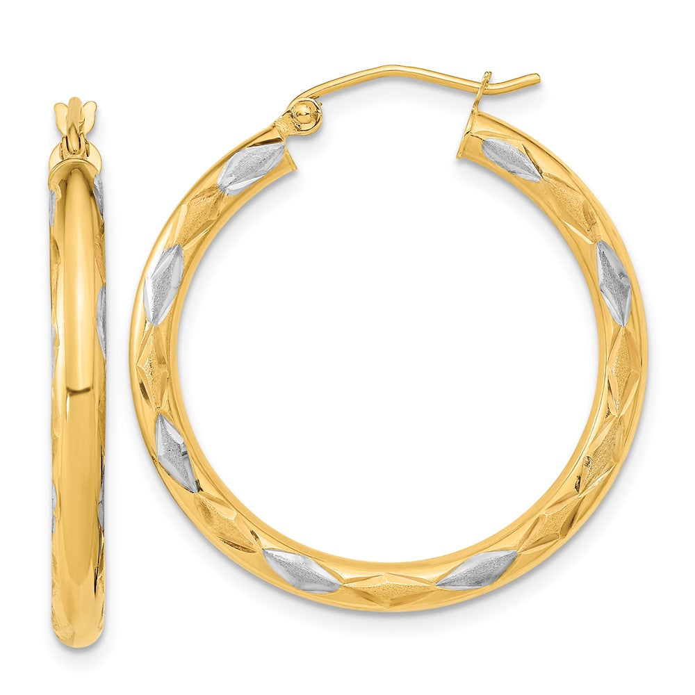 14K Two-Tone Gold Polished Satin and Diamond-cut Hoop Earrings