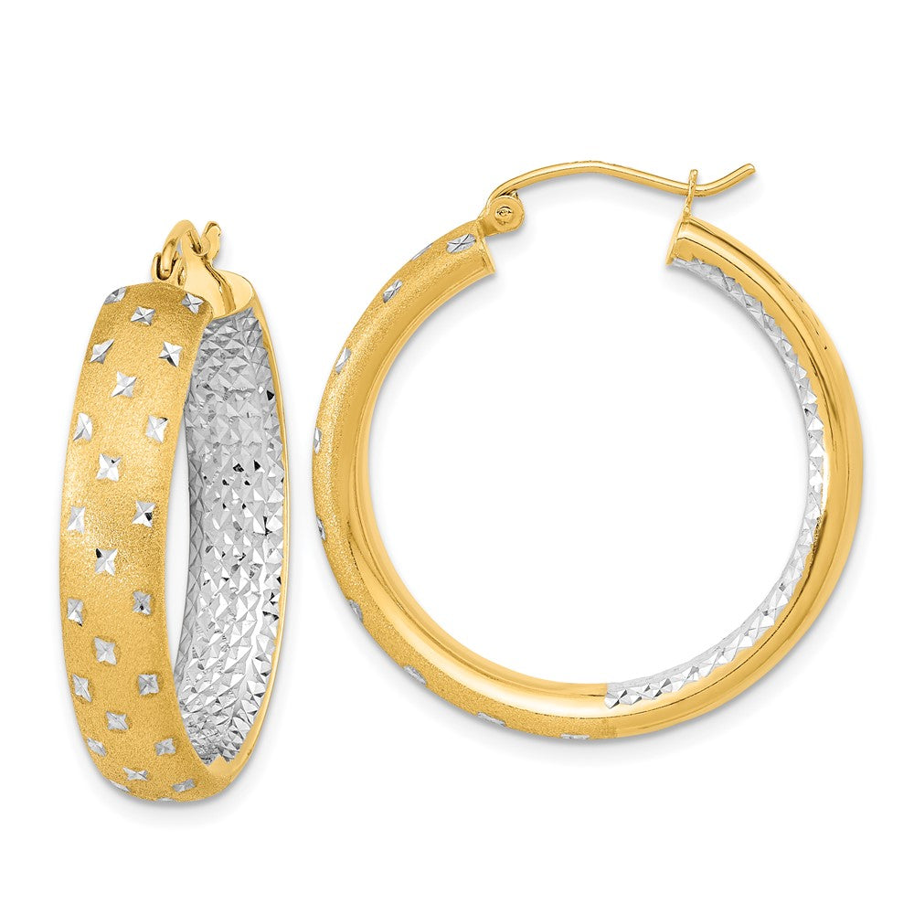 14K Two-Tone Gold Polished Satin Diamond-cut In Out Hoop Earrings