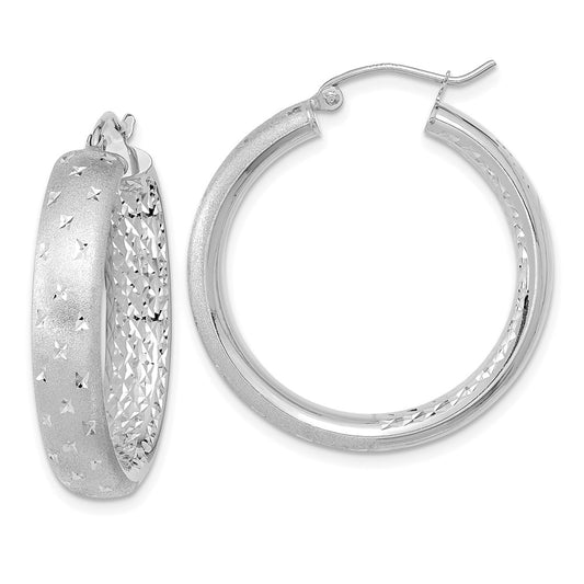 14K White Gold Polished Satin and Diamond-cut In Out Hoop Earrings