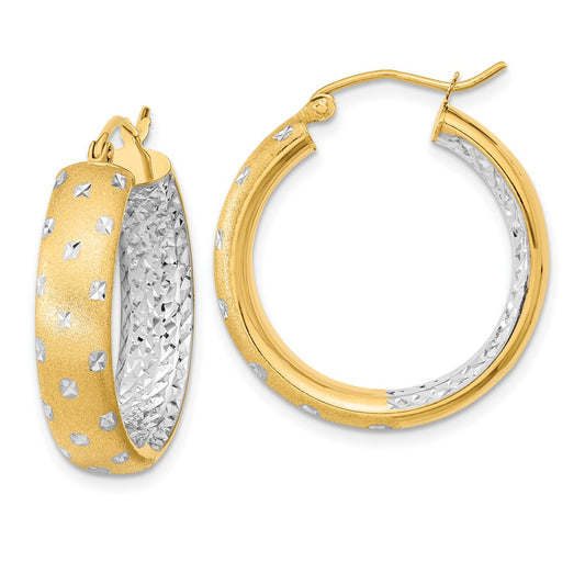 14K Two-Tone Gold Polished Satin Diamond-cut In Out Hoop Earrings