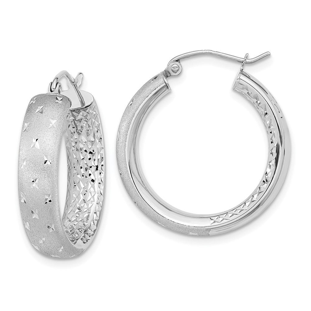 14K White Gold Polished Satin and Diamond-cut In Out Hoop Earrings