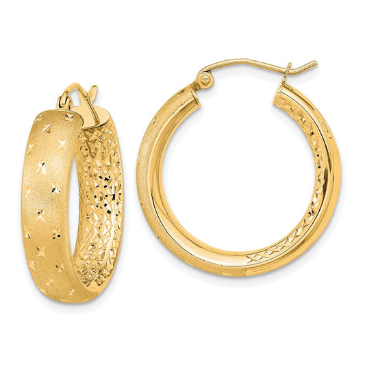 14K Yellow Gold Polished Satin and Diamond-cut In Out Hoop Earrings