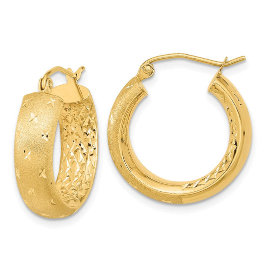 14K Yellow Gold Polished Satin and Diamond-cut In Out Hoop Earrings