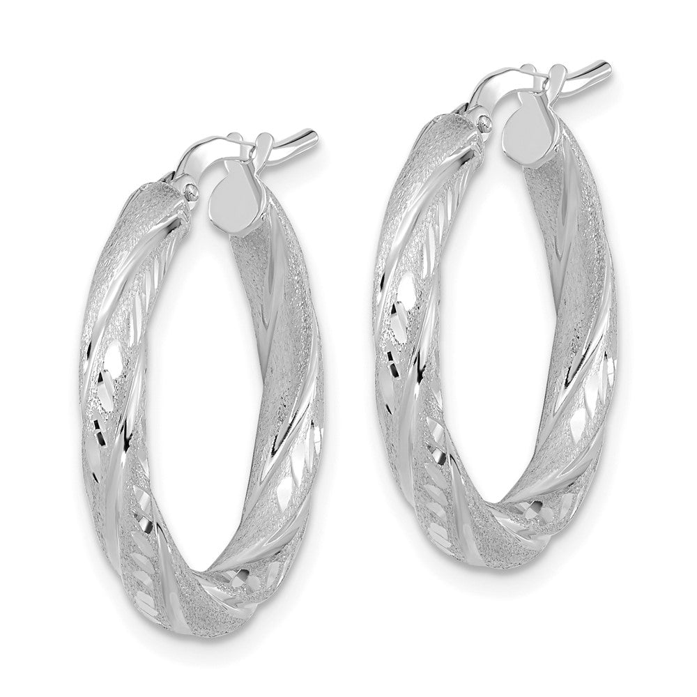 14K White Gold 3mm Polished & Satin Diamond-cut Hoop Earrings