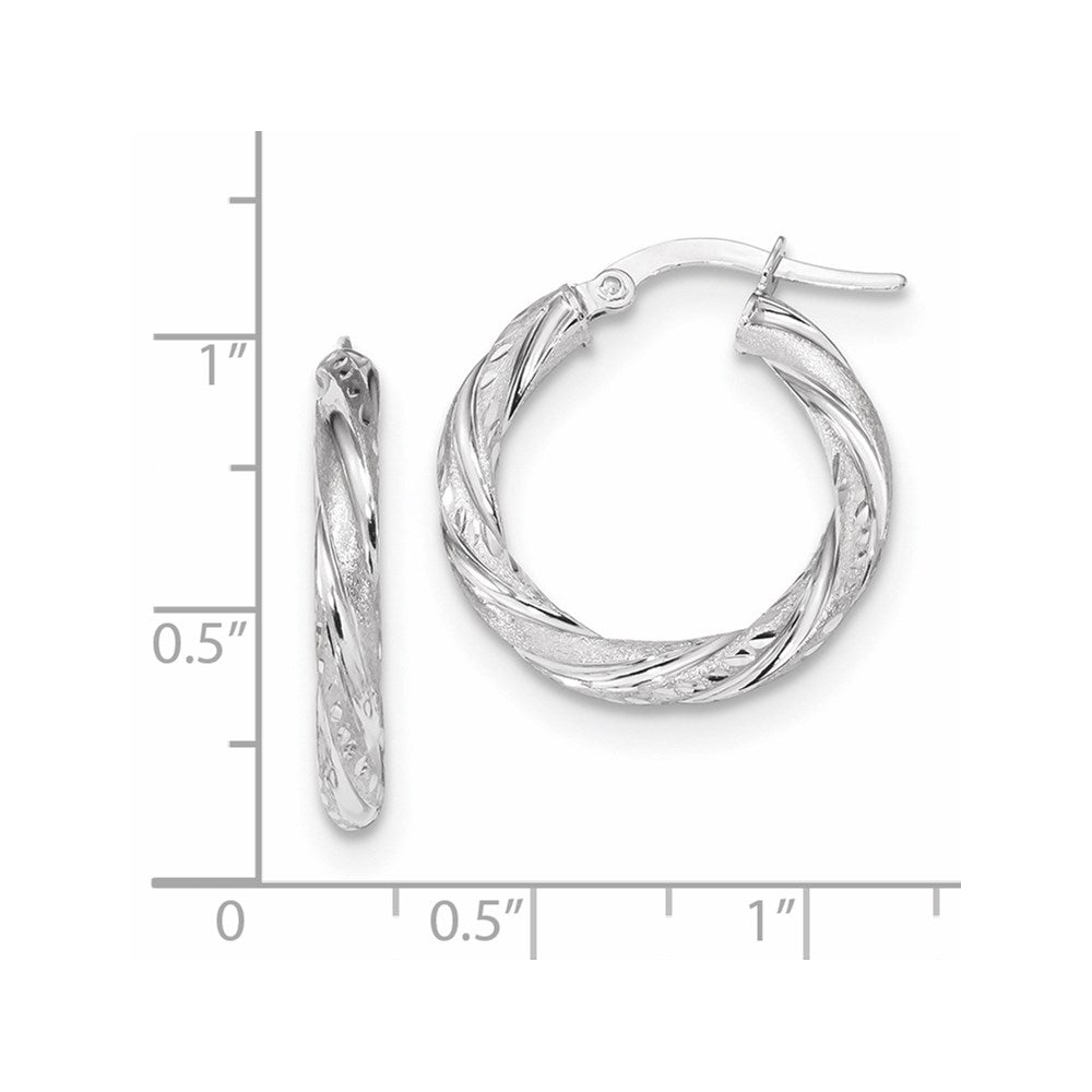 14K White Gold 3mm Polished & Satin Diamond-cut Hoop Earrings