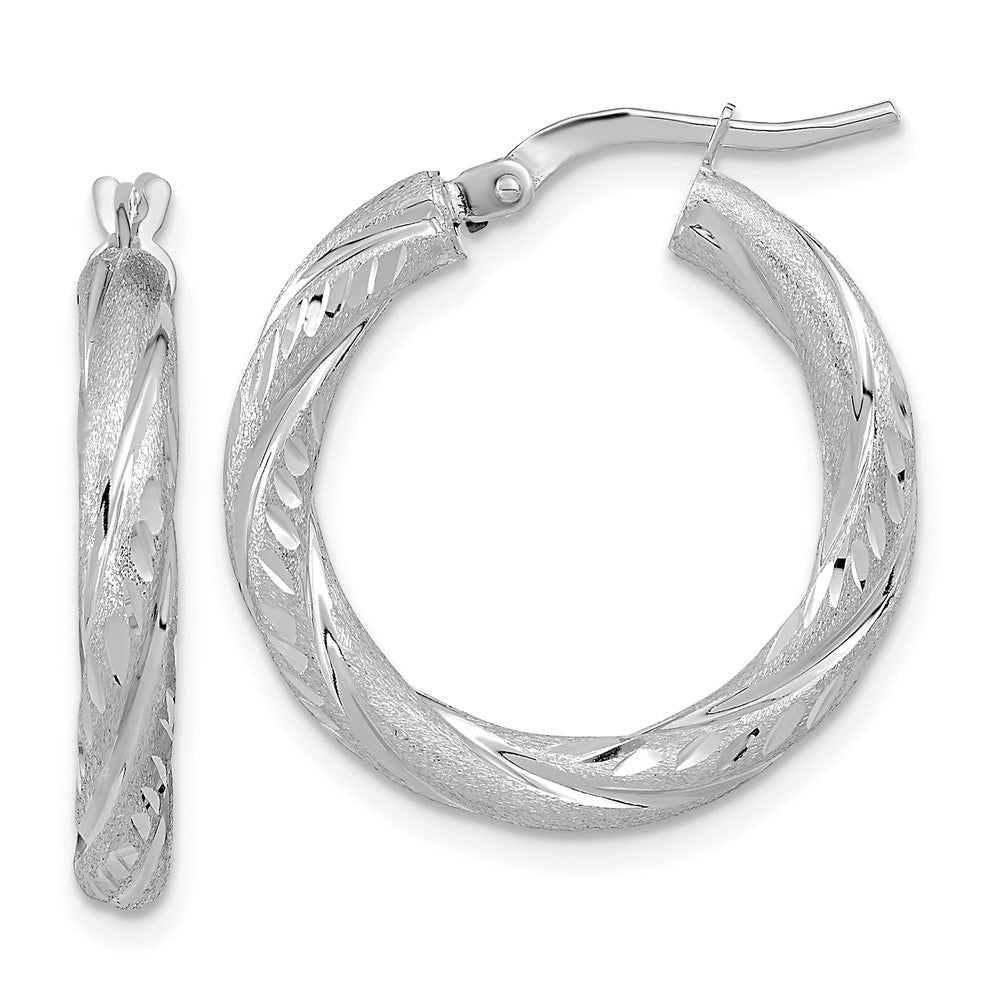 14K White Gold 3mm Polished & Satin Diamond-cut Hoop Earrings