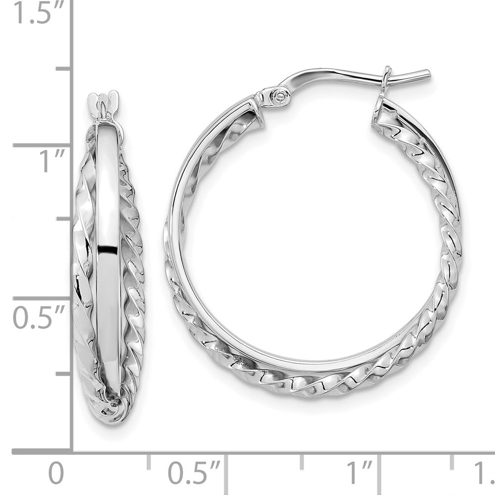 14K White Gold Polished and Textured Hinged Hoop Earrings