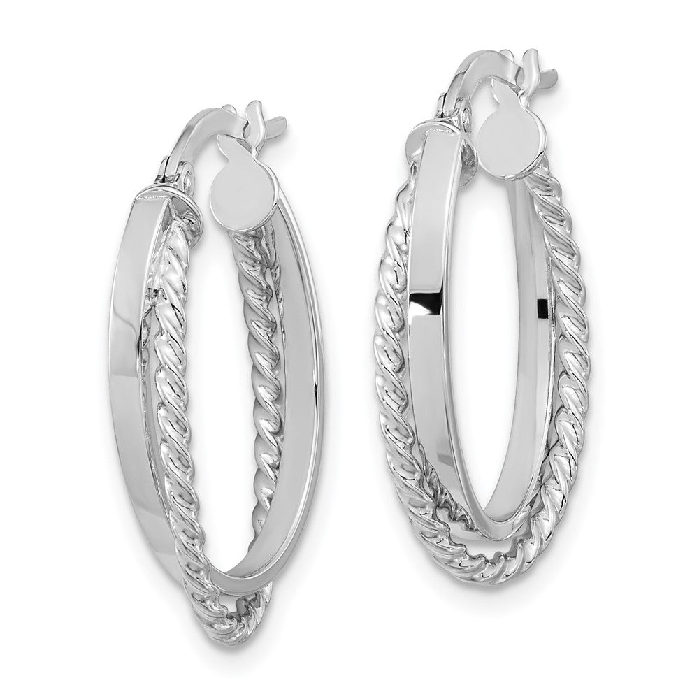 14K White Gold Polished and Textured Oval Hinged Hoop Earrings