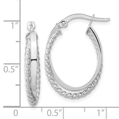 14K White Gold Polished and Textured Oval Hinged Hoop Earrings