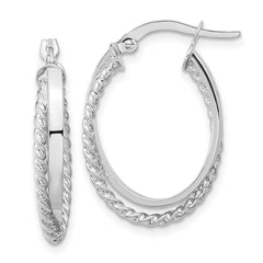 14K White Gold Polished and Textured Oval Hinged Hoop Earrings