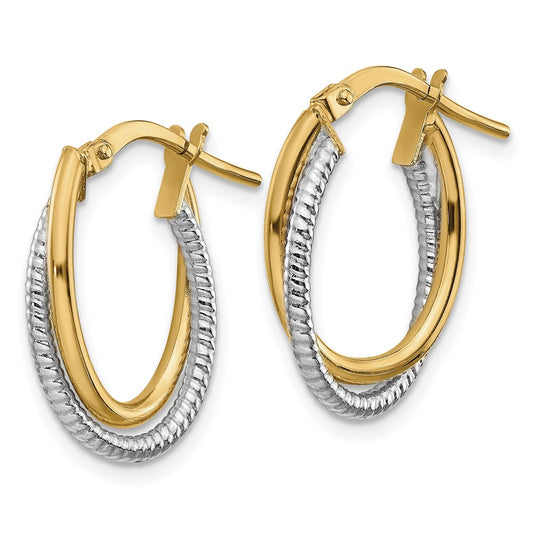 14K Two-Tone Gold Polished Textured Double Oval Hoops
