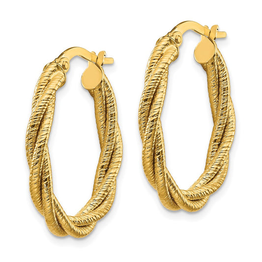 14K Yellow Gold Polished Textured Twisted Oval Hoop Earrings