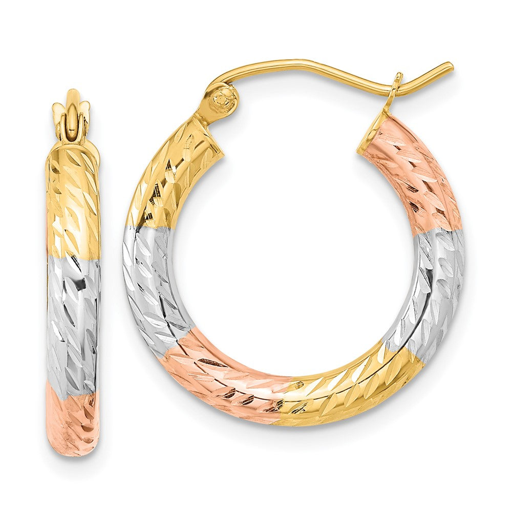 14K Tri-Color Gold Polished Diamond-cut Hoop Earrings