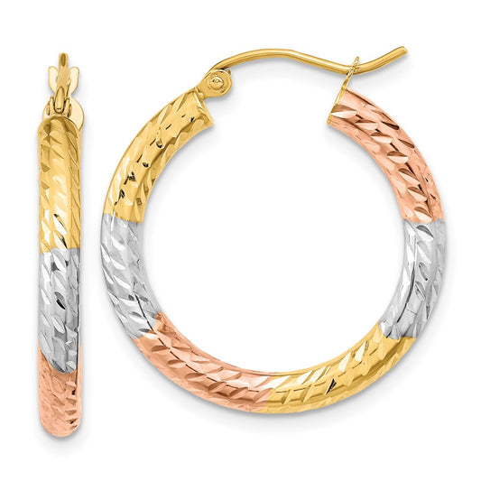 14K Tri-Color Gold Polished Diamond-cut Hoop Earrings