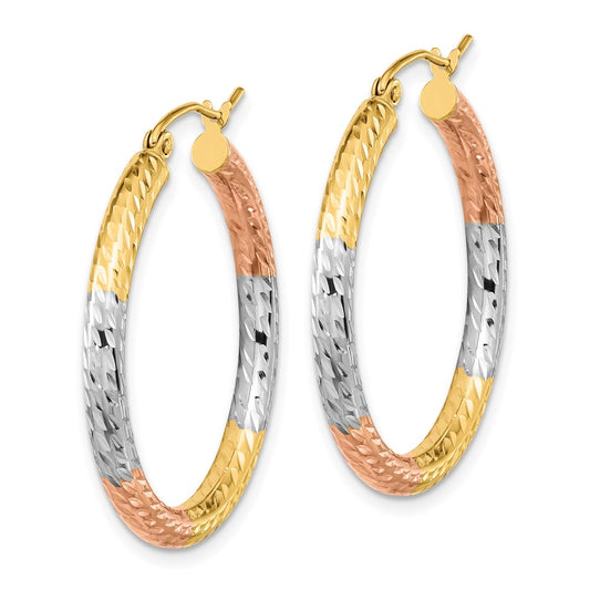 14K Tri-Color Gold Polished Diamond-cut Hoop Earrings