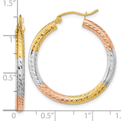 14K Tri-Color Gold Polished Diamond-cut Hoop Earrings