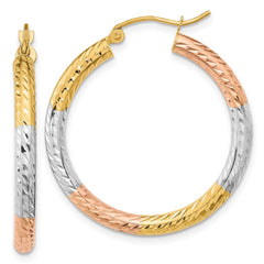 14K Tri-Color Gold Polished Diamond-cut Hoop Earrings