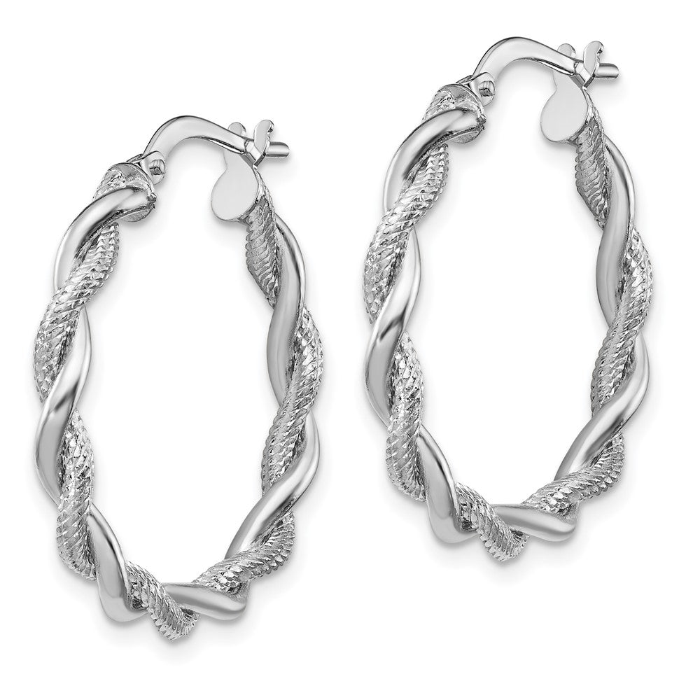 14K White Gold Medium 3mm Polished & Diamond-cut Twisted Hoops