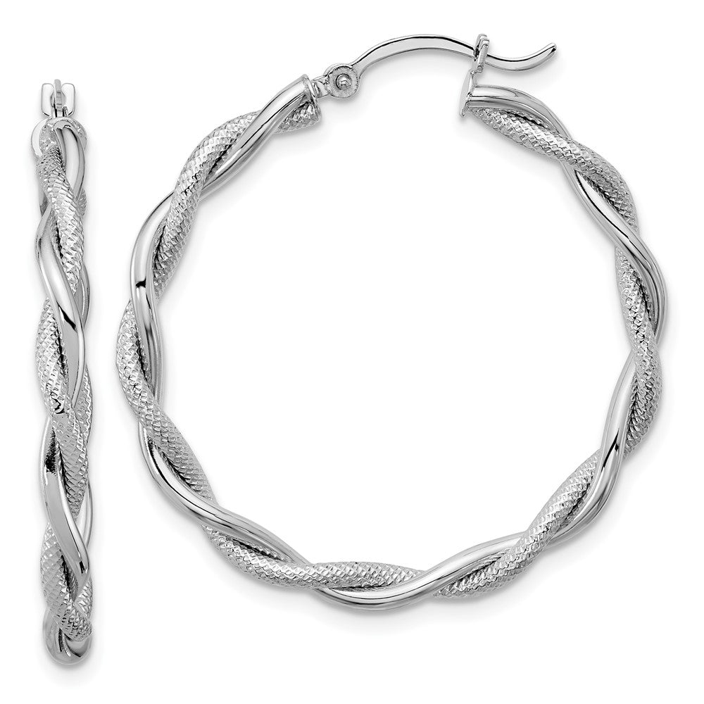 14K White Gold Large 3mm Polished & Diamond-cut Twisted Hoops