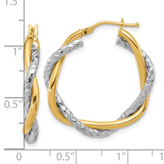 14K Two-Tone Gold Polished and Textured Twisted Hoop Earrings