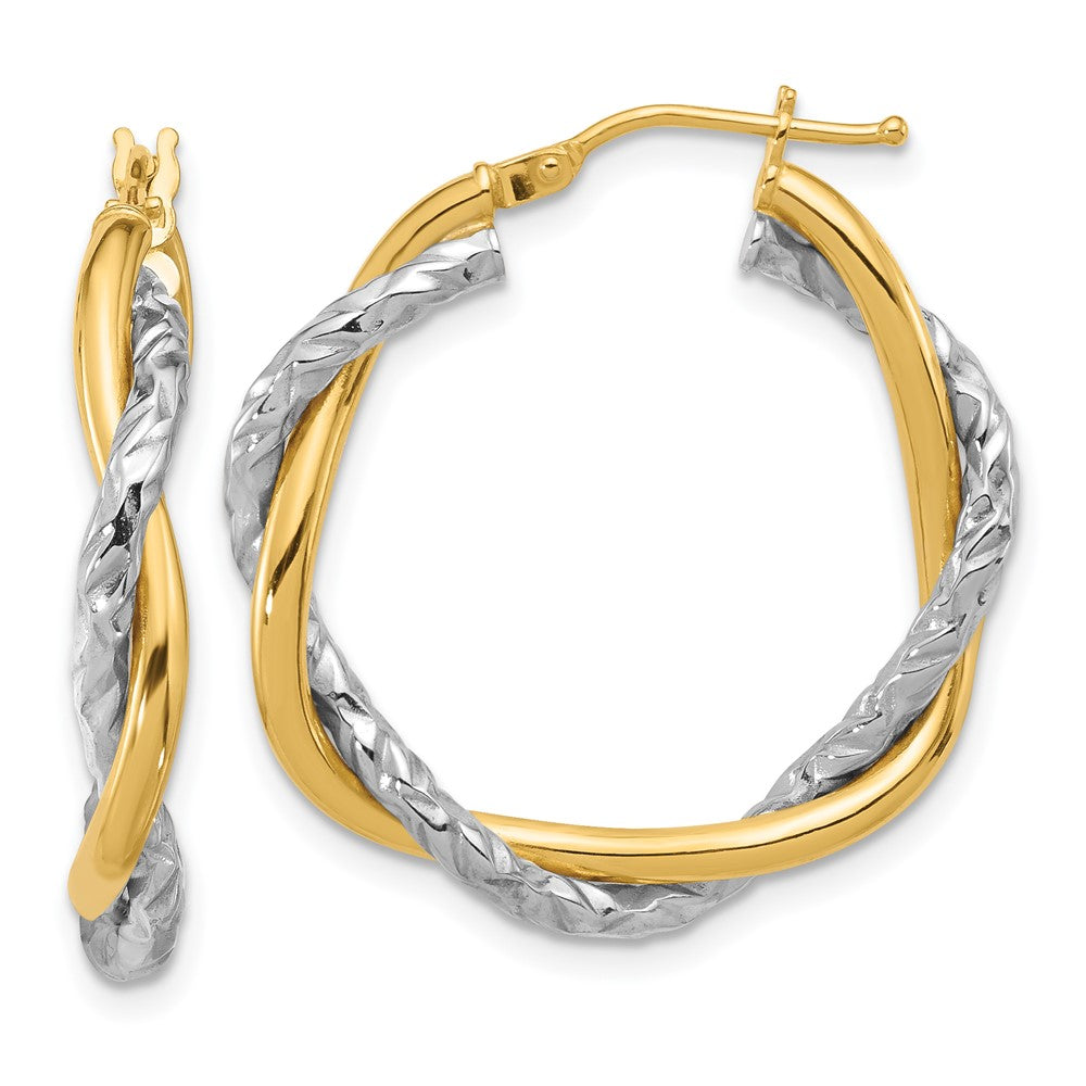 14K Two-Tone Gold Polished and Textured Twisted Hoop Earrings