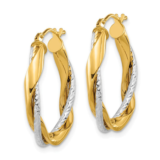 14K Two-Tone Gold Polished Rope Twisted Oval Hoop Earrings