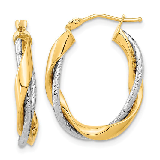 14K Two-Tone Gold Polished Rope Twisted Oval Hoop Earrings
