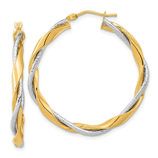 14K Two-Tone Gold Polished Rope Twisted Hoop Earrings