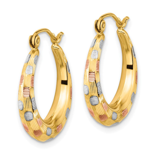 14K Tri-Color Gold Polished Satin Diamond-cut Hoop Earrings