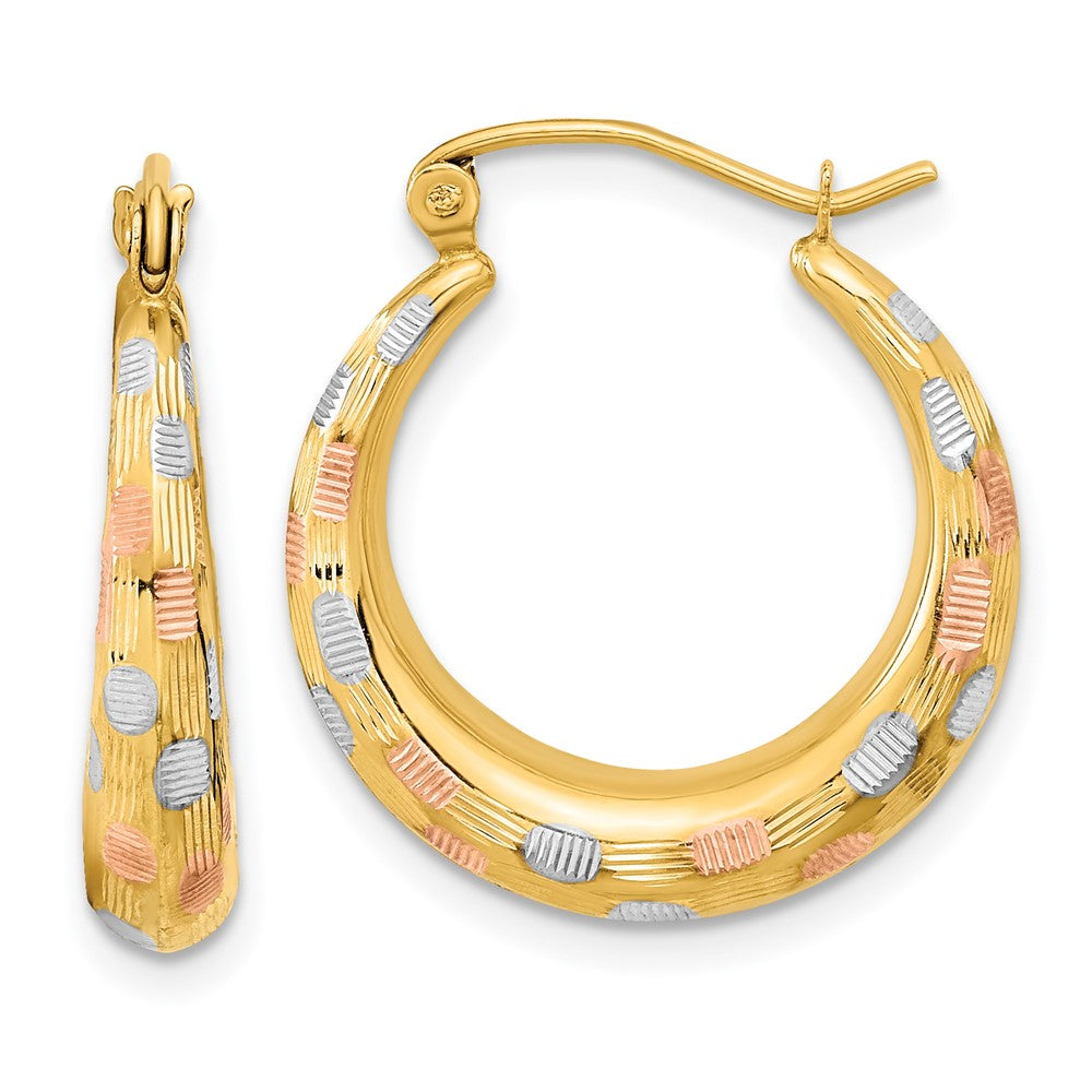 14K Tri-Color Gold Polished Satin Diamond-cut Hoop Earrings