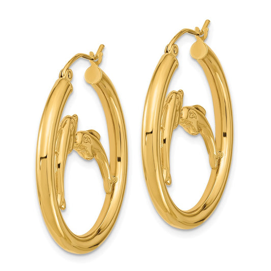 14K Yellow Gold Polished Dolphins Hoop Earrings