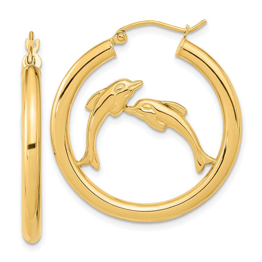 14K Yellow Gold Polished Dolphins Hoop Earrings