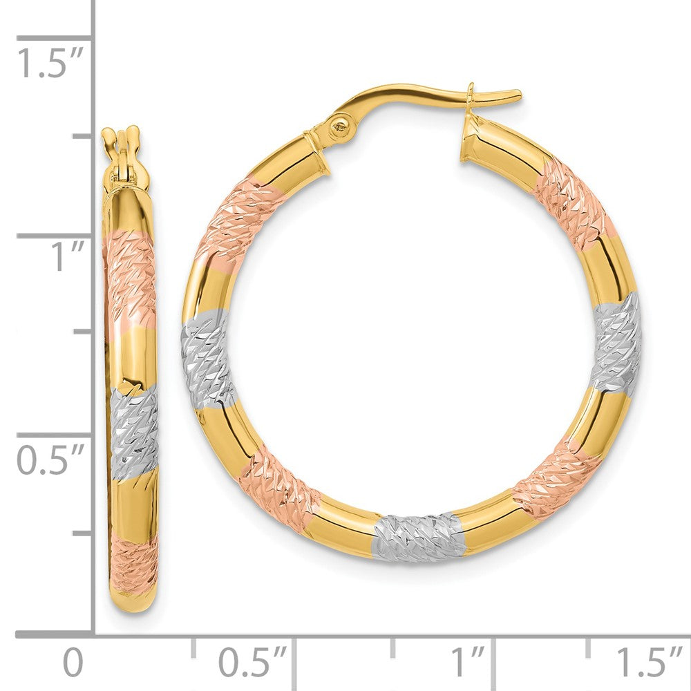 14K Tri-Color Gold Diamond-cut 3.0mm Hoop Earrings